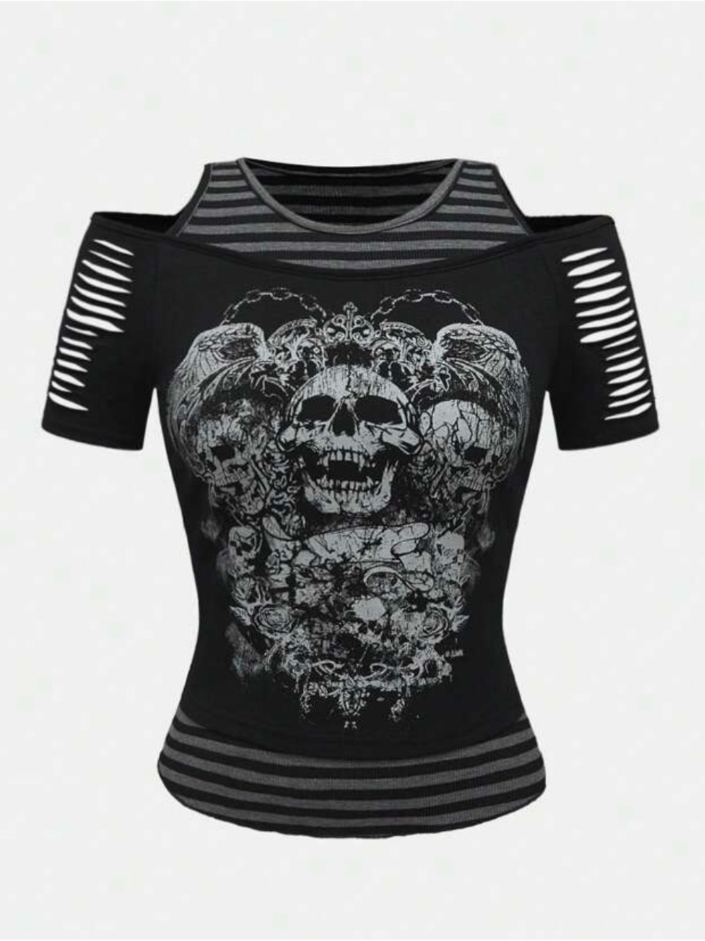 ROMWE Black Cutout Cold-Shoulder Skull Graphic Tee